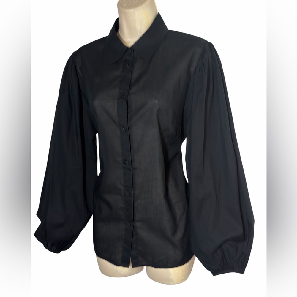 Banana Republic Cotton Voile Black Women's  Shirt Plated Balloon Sleeve L NEW - Picture 14 of 16